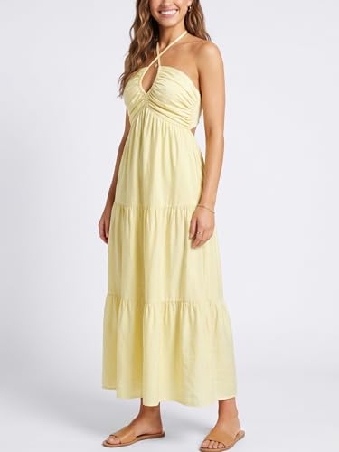 Image of Women's Casual Halter Tiered Vacation Maxi Dress with Pockets