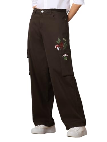 Jean cargo baggy marron pantalon femme coton brodé automne Woodland