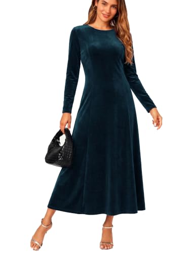 Image of Urban CoCo Women's Elegant Velvet Midi Dress Scoop Neck Long Sleeve Ruched