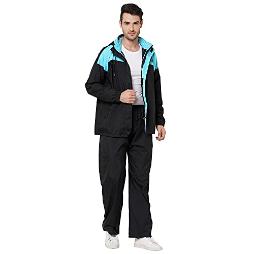 Image of Zeel Rain Coat for Men Waterproof for Bike Riders with Adjustable Hood and Pocket,Waterproof Raincoat with Polyester Jacket Pant and Carrying Pouch,AZ06 Black-Royal Blue XXL