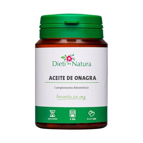 Dieti Natura Aceite de Onagra rico en Vitamina E y Omega 6 - Alivia Síntomas Premenstruales y Menopausia, Dolores Menstruales y Equilibra Hormonas - 200 perlas de 500mg - 2000 mg 9% GLA - Sin OGM