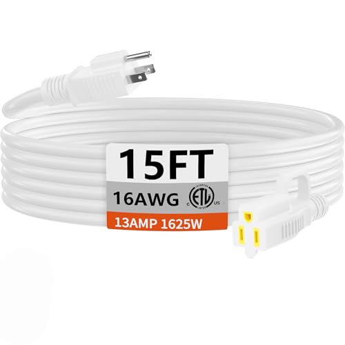 HUANCHAIN Indoor Outdoor White Extension Cord 15 ft Waterproof 16/3 Gauge Flexible Cold-Resistant Appliance Extension Cord Outside 13A 1625W 16AWG SJTW 3 Prong Electric Cable ETL