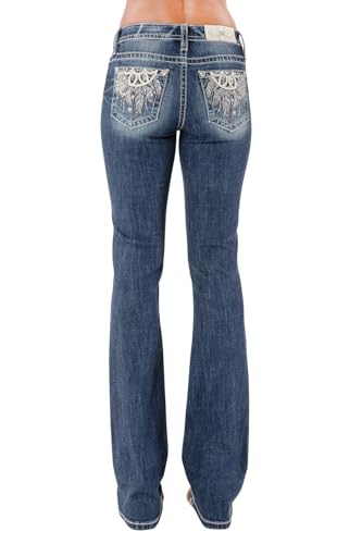 Miss Me Women's Feather Dreamcatcher Embellished Pockets Mid-Rise Bootcut Jeans