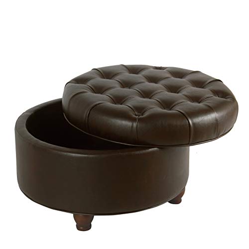 Homepop Home Decor | Large Button Tufted Faux Leather Round Storage Ottoman | Ottoman With Storage For Living Room & Bedroom (Distressed Brown) #TOP4