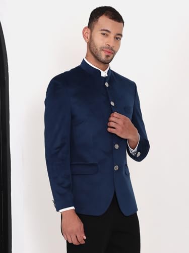 Image of MANQ Men Slim Fit Bandhgala Velvet Blazer - Mandarin Collar, Button Closure, Long Sleeves, Solid Ethnic Winter Wear with Three Pockets for Adults