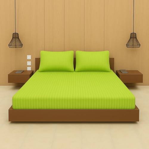 Image of BEVI - Home Premium Self Striped Double King Bedsheet Without Pillow Cover 300 TC Ultra-Soft 300 TC Microfiber Bed Sheet| Size (90 inch x 100 inch) Neon Green