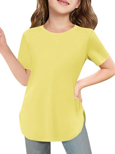 MERRIMISS Girls Short Sleeve T Shirts Summer Loose Fit Curve Hem Side Slit Crewneck Tunic Tops 5-14 Years Yellow