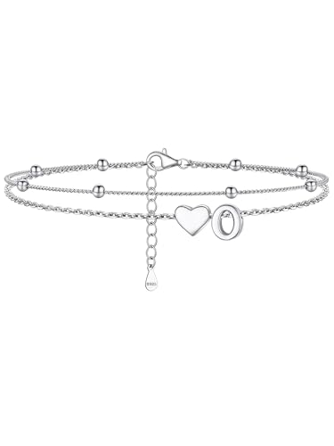 Image of PROSILVER Ankle Bracelets for Women S925 Sterling Silver Anklets for Women Waterproof, Dainty Layered Heart Anklet, Beach Initial Anklet for Summer, Letter A-Z