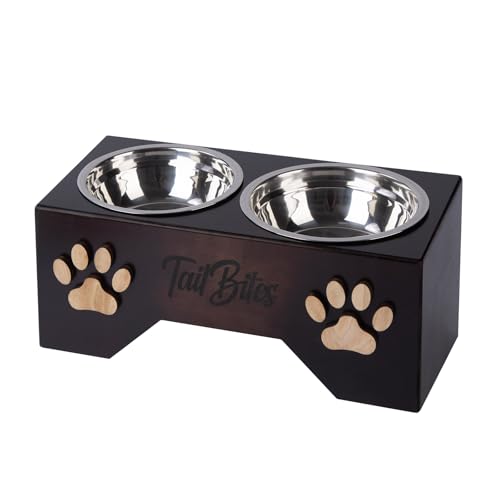 Tail Bites Elevated Feeder – Wooden Raised Bowl Stand for Medium Dogs, Includes 2 Stainless Steel Bowls and Bonus Durable Chew Treat (13.8