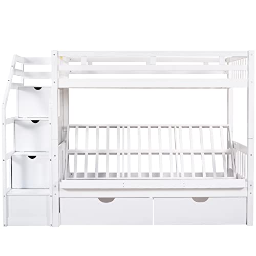 Twin Over Full/Futon Bunk Bed With Stairs And 5 Storage Drawers, Kids Wood Bunk Bed Twin Over Full, Bottom Bed Can Be Converted Into Daybed, No Box Spring Needed (Convertible Bed, White) #TOP6