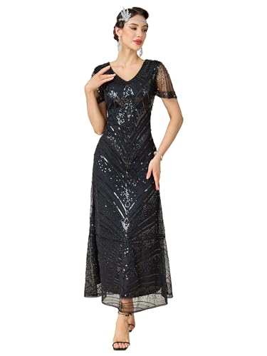 MTITE Women’s Flapper Dress 1920s V-Neck Sequin Beaded Maxi Dress for Evening Party (US, Alpha, Small, Regular, Regular, Black)