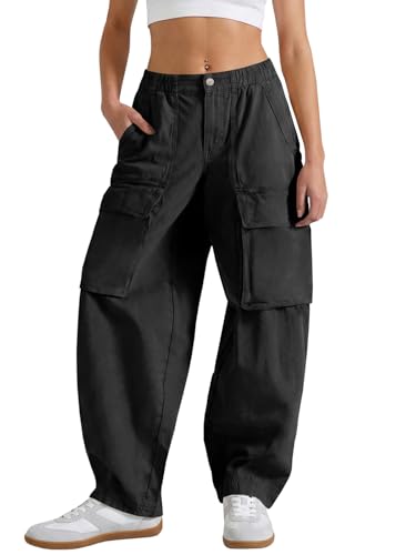 Fisoew Womens Barrel Baggy Cargo Pants Casual High Waisted Wide Leg Hiking Joggers with Pockets Black
