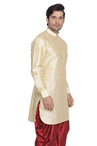 Image of Vastramay Men's Gold Curved Shape Pathani Style Silk Cotton Kurta - Mid-Length with Buttoned Cuff, Soft & Comfortable Ethnic Wear