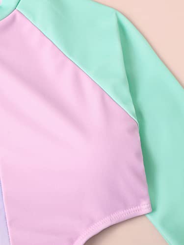 Sweatyrocks Girl's One Piece Rashguard Bathing Suit Color Block Cut Out Long Sleeve Swimsuit Green Pink 10-11Y #TOP2