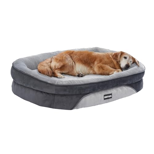 HMTOPE Orthopädisches Hundebett, Hundesofa, Vierseitiges Nackenrolle Kissen, rutschfeste Unterseite Hundekorb, Abnehmbar und Waschbar, Mittelgroße Hunde, Grosse Hunde, 106 x 79 x 17 cm, Hellgrau