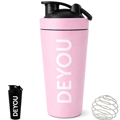 DEYOU Edelstahl Shaker 750ml mit Sieb & Edelstahl Kugel – Auslaufsicher, BPA-frei, Spülmaschinenfest – Fitness - für Protein, Proteinpulver, Eiweißshake & Sportgetränke (rosa)