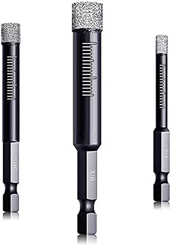 Dry Diamond Drill Bits Set 3 Packs for Granite Porcelain Tile Ceramic Marble Size 1/4“ (6mm), 5/16” (8mm), 3/8” (10mm), with Quick Change 1/4” Hex Shank and Storage Cases