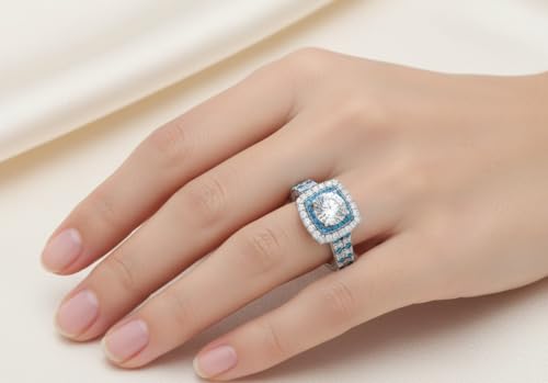 Image of 55Carat Choose Your Gemstone Double Band Square Halo Diamond CZ Ring 925 Sterling Silver Round Shape Halo Engagement Rings Everyday Jewelry Wedding Jewelry Handmade Gifts for Wife US Size 4 to 12