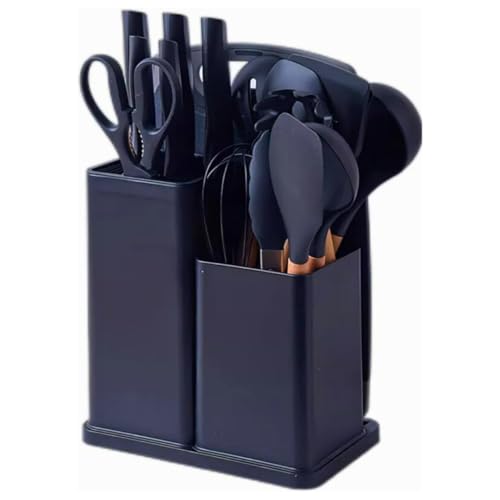 19-Piece Kitchen Utensil Set with Holder Silicone Cooking Tools with Wooden Handles, Knife Set, Scissor, Peeler, Pasta Server, Whisk, Spoon, Tongs & other Utensil Organizer (Black)