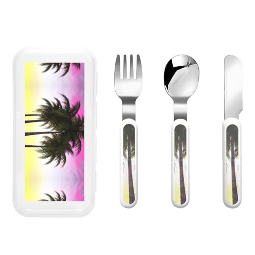 Stainless Steel Kids Silverware Set, Tropical Palm Tree Utensil Set Reusable Children Safe Knife Spoon Fork Set With Storage Case Dishwasher Safe For Lunch, Travel Outdoors
