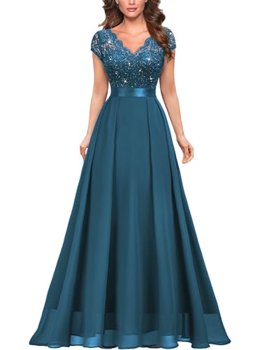 Image of Miusol Women's V-Neck Sequined Floral Lace Formal Evening Maxi Dress