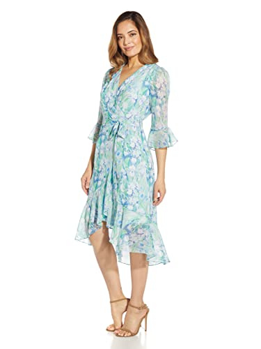 Adrianna-Papell-Womens-Printed-Chiffon-Short-Dress-with-Three-Quarter-Bell-Sleeves
