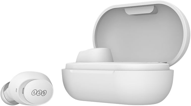 QCY T27 ArcBuds Lite earbud next to its open charging case