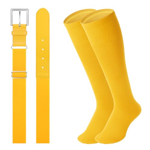 JASGOOD Baseball Socks and Belt for Youth Adult Softball Socks and Belt Combo Elastic Belt for Men, Yellow