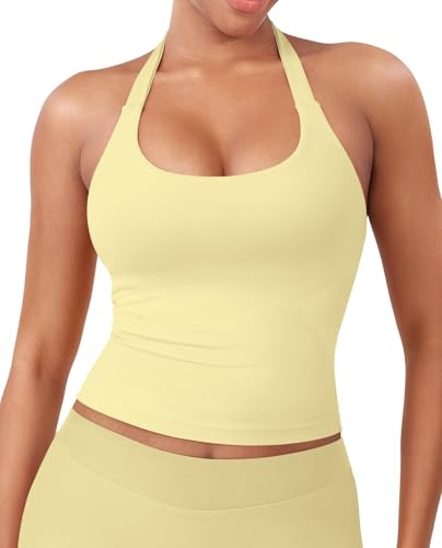Image of YEOREO SoftHue Women's Impact Halter Tank Top Longline Backless Scoop Neck Built-in Bra Sports Workout Gym Crop Top