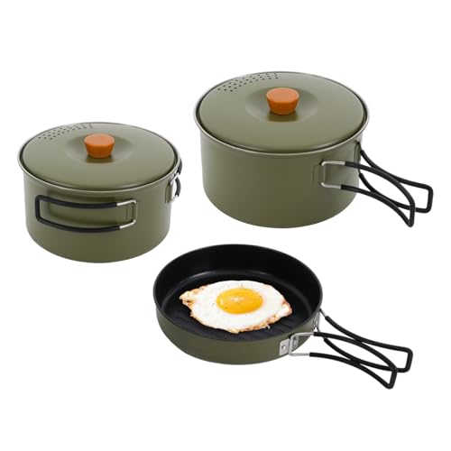 Camping Cookware Mess Kit, 7/6.9/6.3 Inch Lightweight Pot Pan Overlapped Stainless Steel Campfire Cooking Pots and Pans with Travel Tote Bag for Home RV Boat Camping Hiking and Picnic - Green