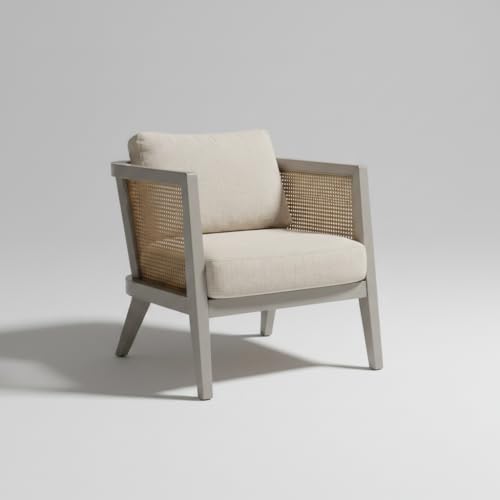 Image of APRODZ Solid Wood Accent Chair for Living Room Mid Century Modern Wooden Upholstered Armchair with Cushion Lounge Chair Cane Back Wooden Frame for Living Room Bedroom Office Seating (Light Grey)