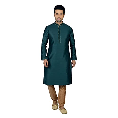 Tathastu Mens Silk Kurta Pyjama Set-KP1115G-40-Dark Green by Tathastu - Used condition - US$62.08