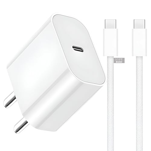 Image of 20W USB-C Charger for iPhone 15 /15 Plus /15 Pro /15 Pro Max, iPad Pro /Air /Mini, Fast Charging Adapter with 3ft Braided Cable, White, Type-C Power Adapter for Rapid Charge, White