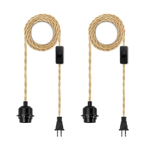 LYOOWNG 2Pack Plug in Pendant Light Cord, Farmhouse Hanging Lights with Plug in Cord, 15FT Hemp Rope Plugin Hanging Light Cord Kit with On/Off Switch, E26 E27 LightSocketCord