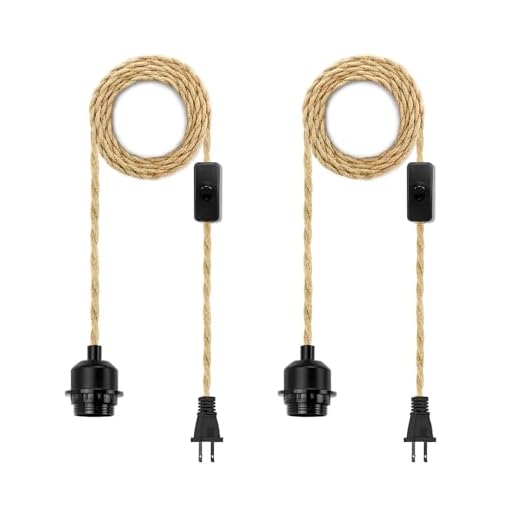 LYOOWNG 2Pack Plug in Pendant Light Cord, Farmhouse Hanging Lights with Plug in Cord, 15FT Hemp Rope Plugin Hanging Light Cord Kit with On/Off Switch, E26 E27 LightSocketCord