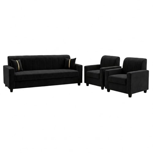 Image of FURNY Cosmos 3 Seater + 1 Seater + 1 Seater Fabric Sofa Set (Black) with Velvet Finish | Durable Comfort | Ideal for Living Room