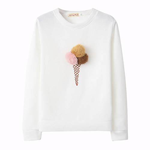 Lovely Ice Cream Printed Women Casual Sweatshirt Pom Pom Ball O Neck Pullover Blouse Tops Outwear uBabamama(Khaki,L)