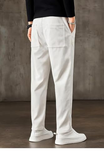 Image of BLUECORP ENTERPRISE Men's White Corduroy Casual Pants, Straight Leg, Drawstring Waist, Pockets