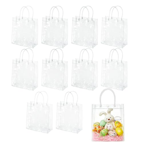 WhizToys 10Pcs Clear Gift Bags with Handles 15x16x7cm Clear Party Bags Reusable Transparent Plastic Goodie Bags Bulk Party Favor Tote Bag for Wedding Birthday Baby Shower Christmas