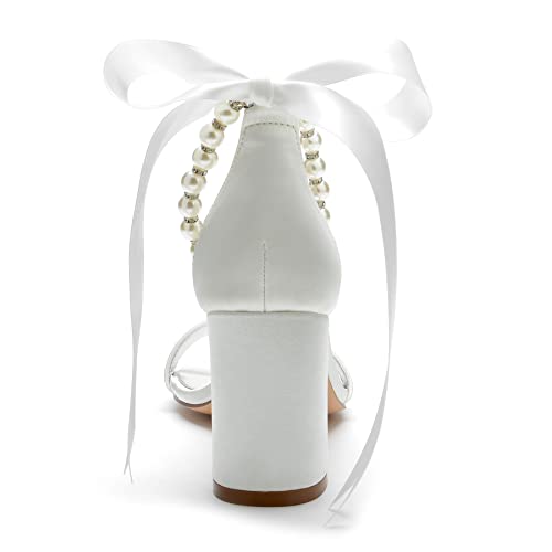 Women's Open Toe Block Low Heel Pearl Satin Chunky Pumps Ankle Strap Wedding Dress Shoes Low Heel Prom Party Sandals2