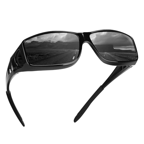 Over Glasses Sunglasses for Men Women, Fit Over Sunglasses Polarized UV400 Protection Sunglasses Black Frame Grey Lens