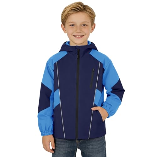 Rolanko Boys Rain Jacket Waterproof Lightweight Windbreaker Raincoat Kids Hooded Lined Outerwear for Hiking Outdoor (Navy 12-13 Years)
