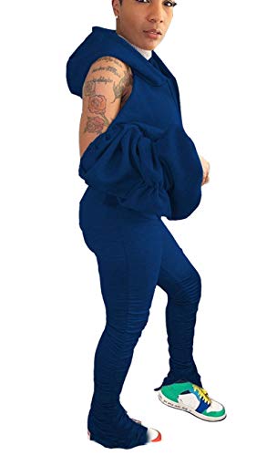 bluewolfsea Womens Sweatsuits Sets 2 Piece Outfits Sexy Cold Shoulder Bell Long Sleeve Zip Up Sweatshirt Pants Set Large Blue