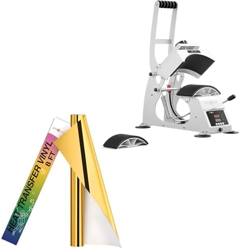 HTVRONT Hat Press Machine - Hat Press Heat Machine for Caps with 2 Platens & Caps Stretcher & Metallic Gold Heat Transfer Vinyl - 12in x 8ft Iron on Vinyl