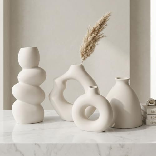 Image of Ceramic Vase Set of 4 | Nordic Minimalist Donut & Abstract Sculptural Decorative Flower Vases | Matte White Home Decor for Living Room, Center Table & Shelf