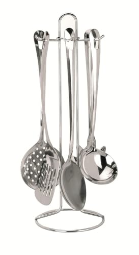 Ibili 759702 - Juego 5 piezas Supra Inox con soporte (Cacillo, Espumadera, Espátula, cuchara y tenedor)
