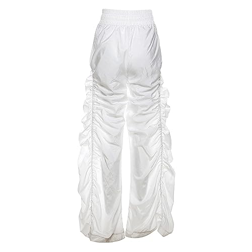 Womens Casual Solid Color Cargo Pants Loose Elastic Belt Waist Pants Long Trousers Fashion Pleated Desigh (White, S)3