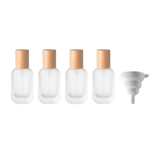 XAQAMY 4 STK 30ml Glas Pumpspender Creme Spender, Airless Pumpspender Leer, Lotion Pumpflaschen, Nachfüllbar Reiseflaschen zum Befüllen, Vakuumflasche mit Holzdeckel für Kosmetik Creme, mit Trichter