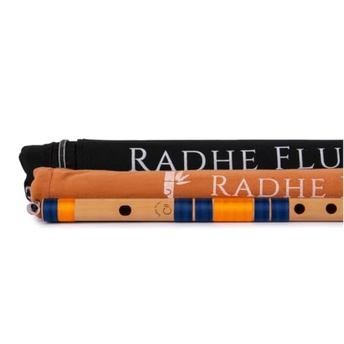 Image of Radhe Flutes Bamboo Bansuri C Sharp Right Handed Middle Octave (18 inch) With Hard Cover (Beige Flute With Dark Blue & Orange Threads)