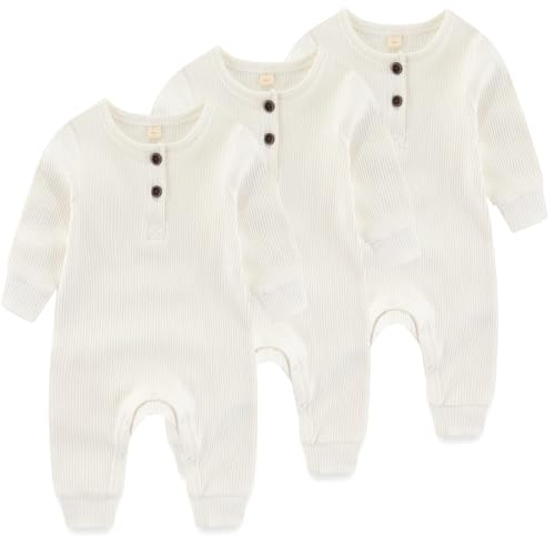 Image of IADOER Newborn Baby Boys Girls One Piece Romper With Mitten Cuffs 3 Pack Long Sleeve Ribbed Button Jumpsuit Outfit Clothes